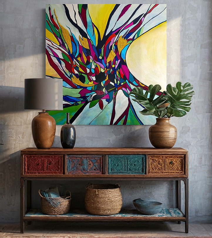 Golden Crescendo is a striking abstract composition that captures attention with its vibrant energy and intricate detail. Mea