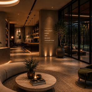 Luxury hospitality-led indoor padel club design featuring premium courts, wellness spa, sauna, lounge areas and atmospheric lighting by Zero Gravity Design.