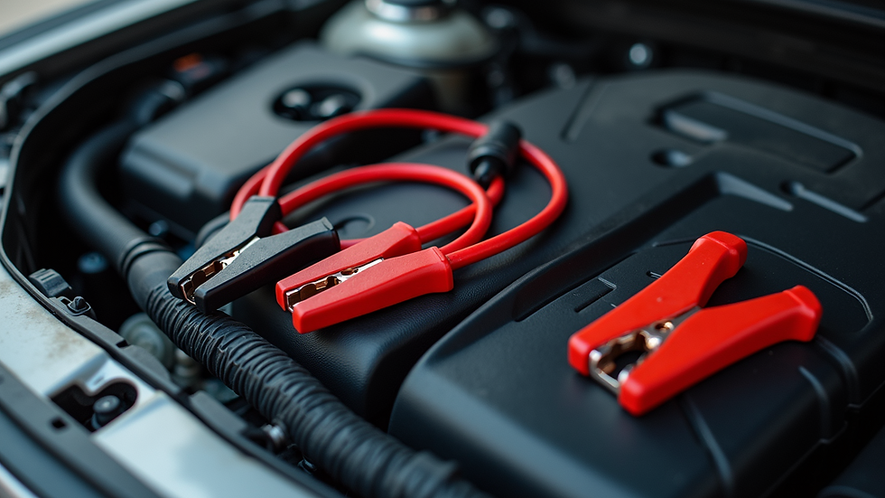 High angle view of an emergency car kit with jumper cables and tools