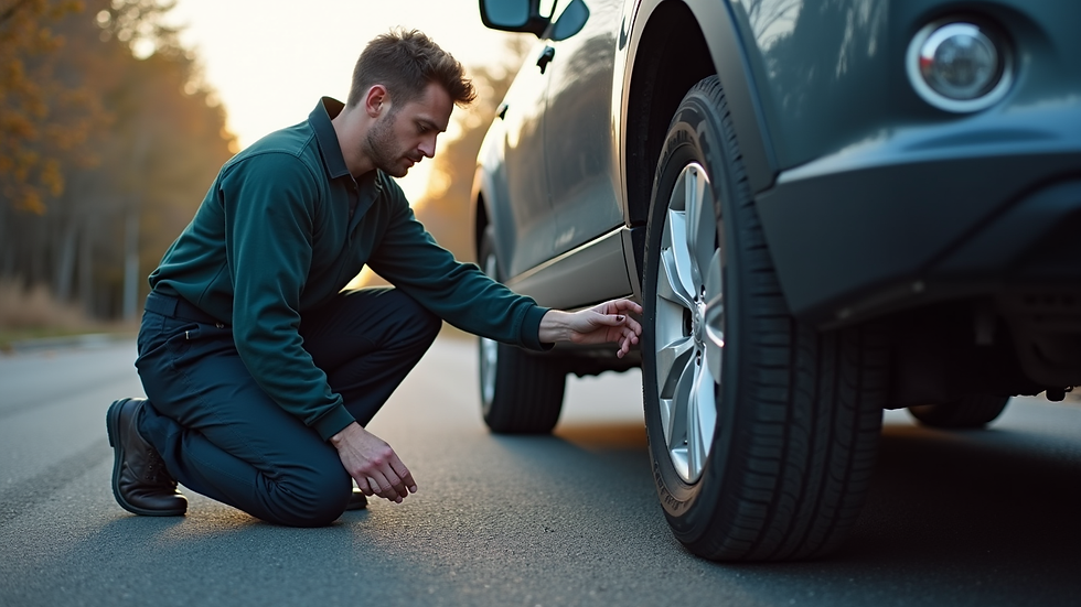 Close-up view of a roadside assistance technician changing a flat tire