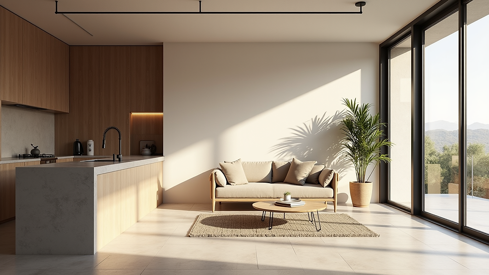 Plano de diseño interior de casa prefabricada con espacios abiertos y luz natural