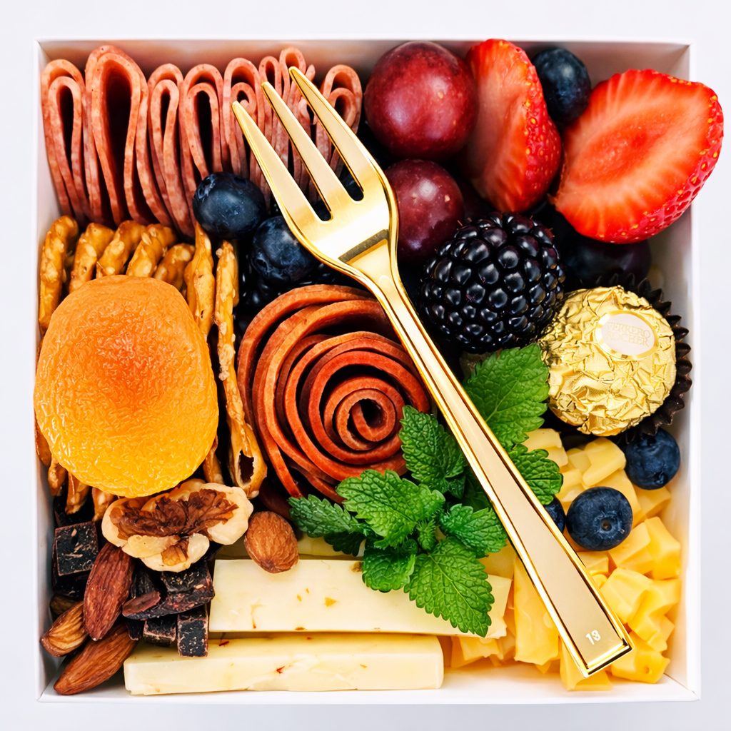 A vibrant charcuterie box with sliced meats, cheeses, berries, nuts, apricots, mint leaves, and a Ferrero Rocher chocolate