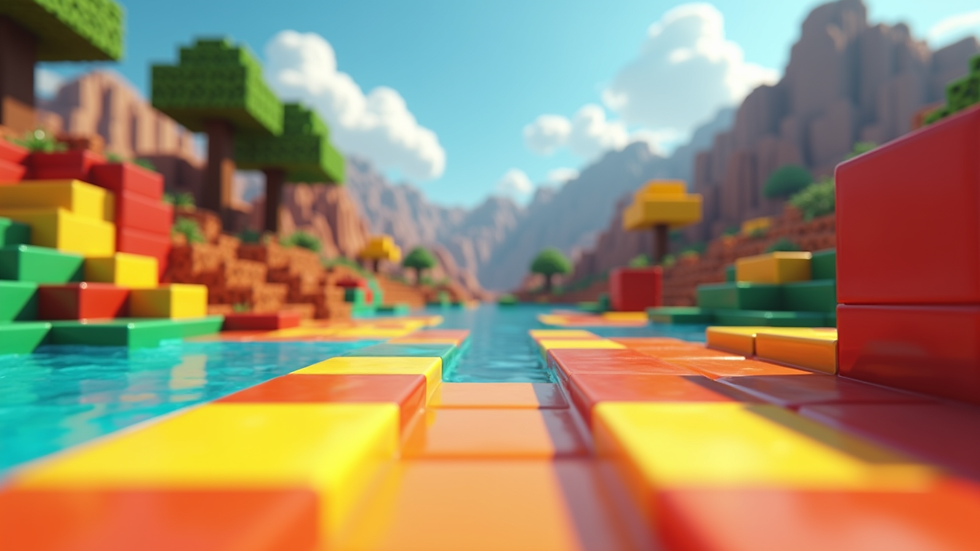 Eye-level view of a vibrant Minecraft landscape with colorful blocks and structures