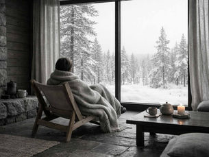 Nainen katsoo ulos loma-asunnon ikkunasta Levillä 