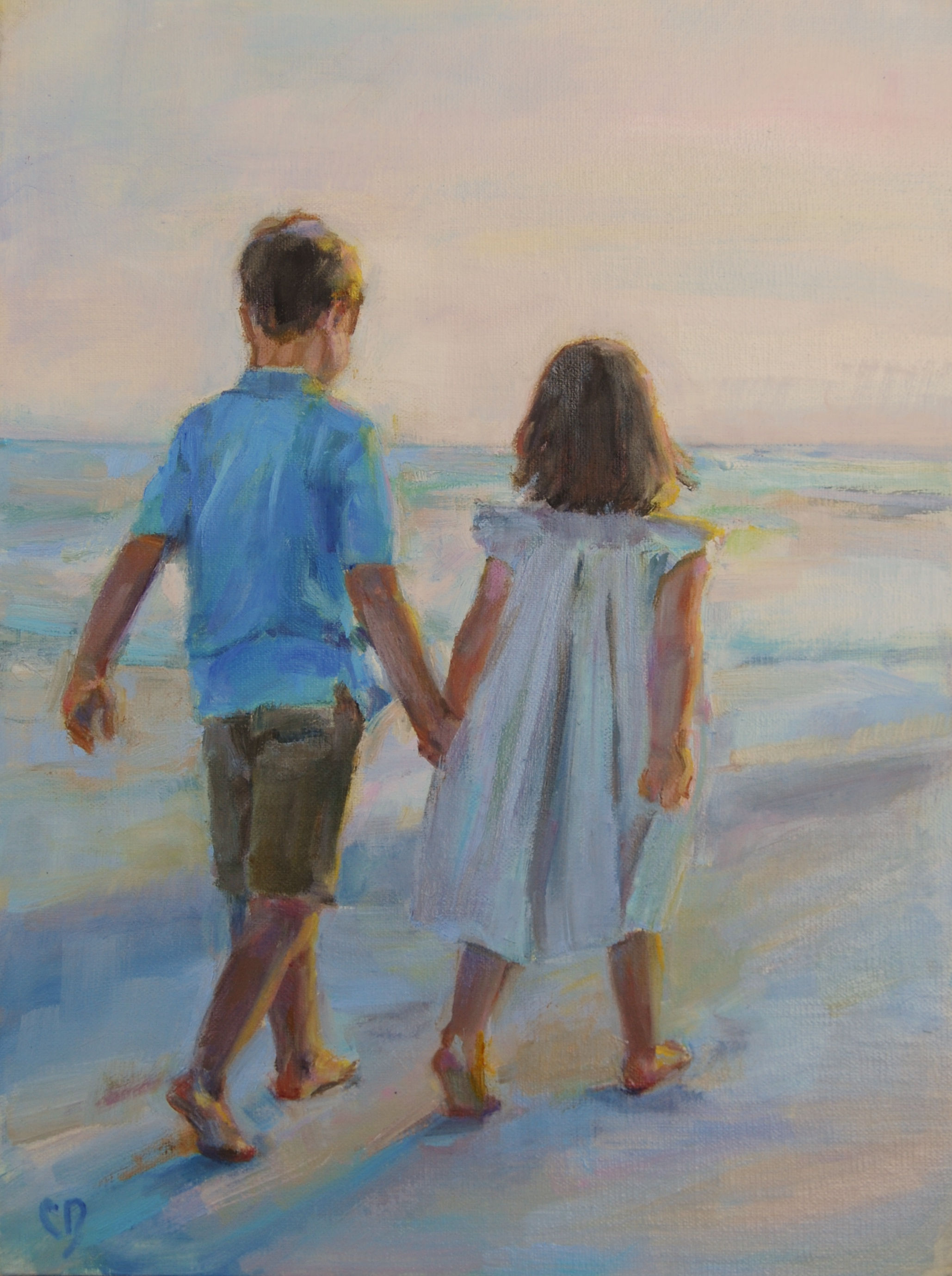 Back view oil painting of children holding hands on the beach