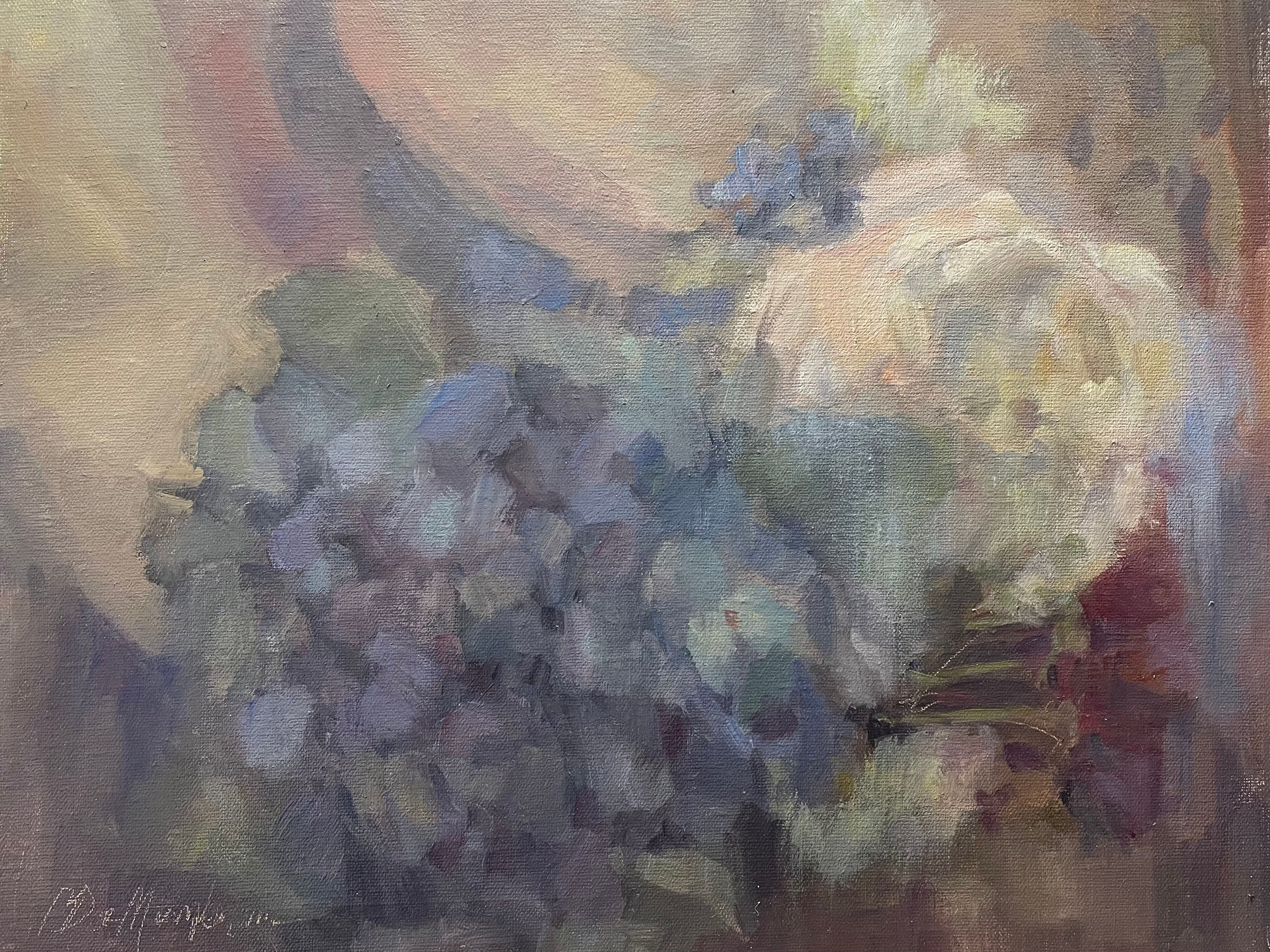 Painting of hat with hydrangea and Peony by Carol DeMumbrum