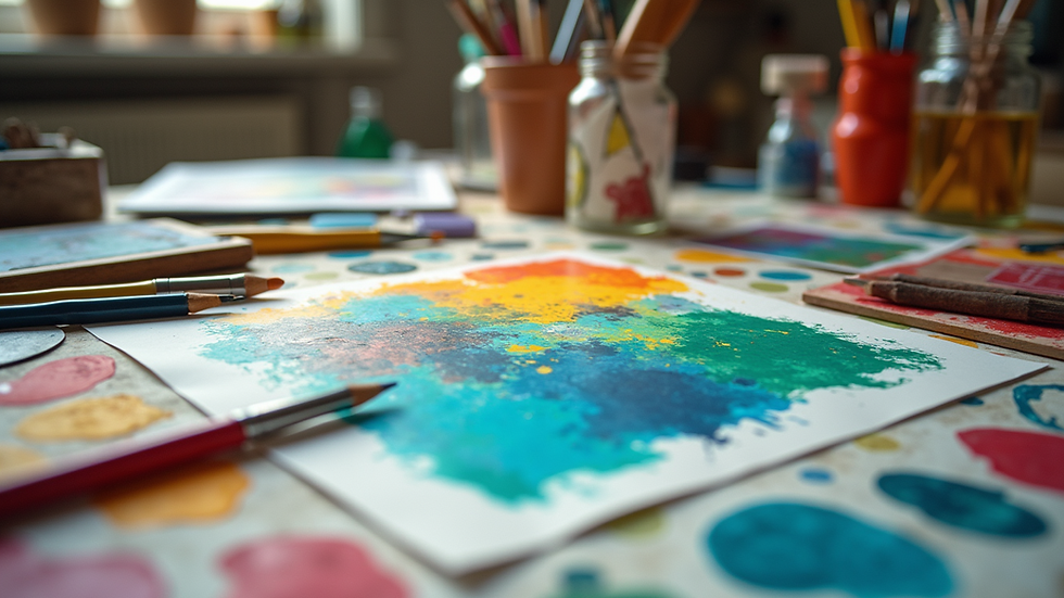 Eye-level view of a creative workspace filled with art supplies and inspiration