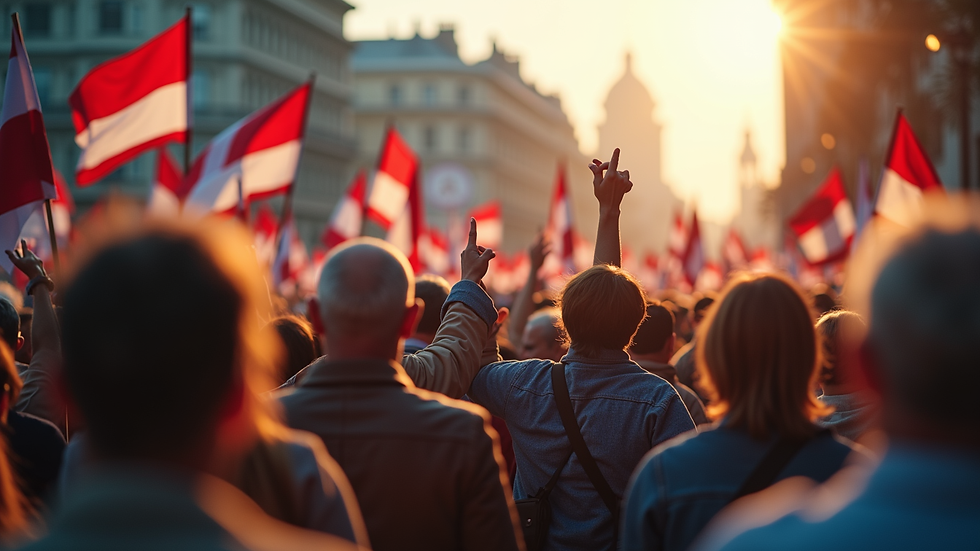 Eye-level view of a political rally with supporters holding banners