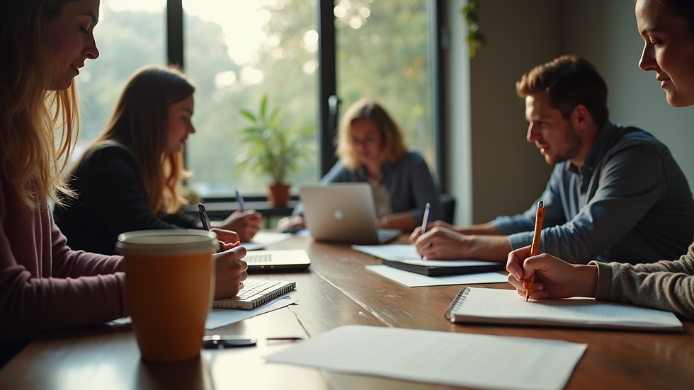 Eye-level view of a group of writers collaborating around a table with notebooks and laptops