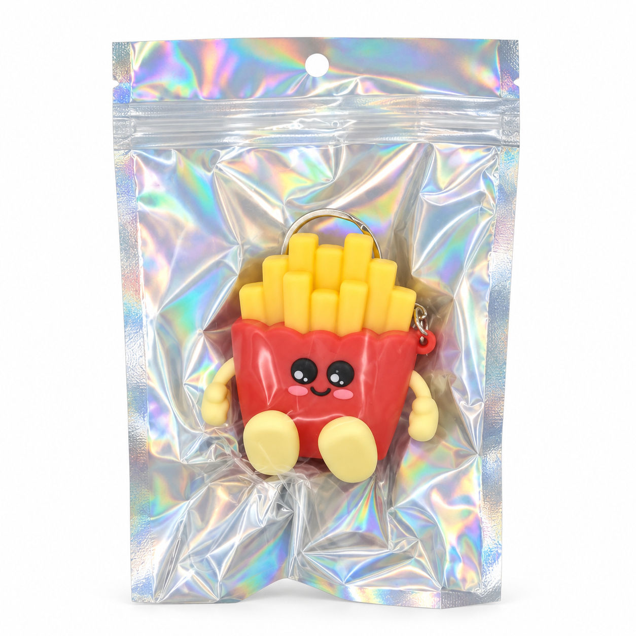 Red carton french fry keychain with yellow fries and split ring in a holographic hanging pouch