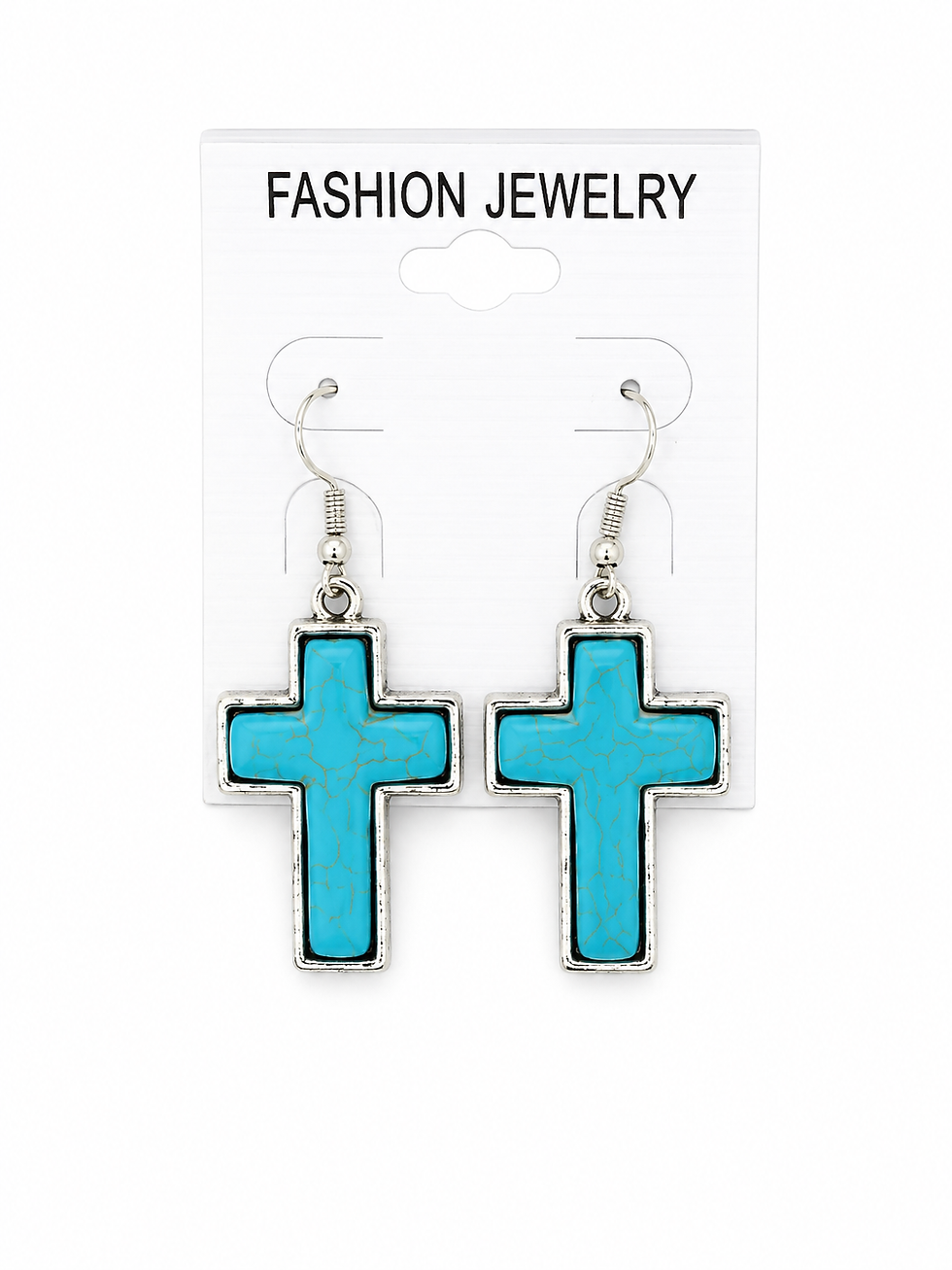 Three silver-tone stone cross western dangle earrings designs with turquoise cream and black stones