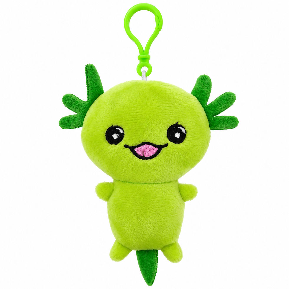 Character plush bag charms with plastic clips in green, pink, purple, and yellow
