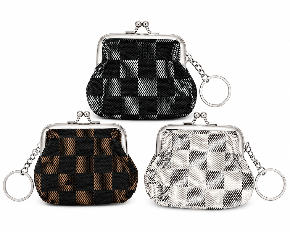 3 assorted checkerboard kiss-lock coin purses in a wholesale pack of 12