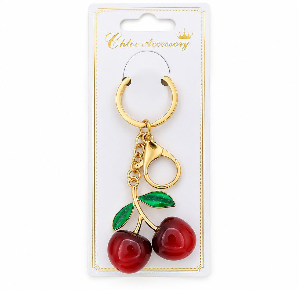 Cherry keychain bag charms with red cherries and green leaves in gold-tone and silver-tone finishes