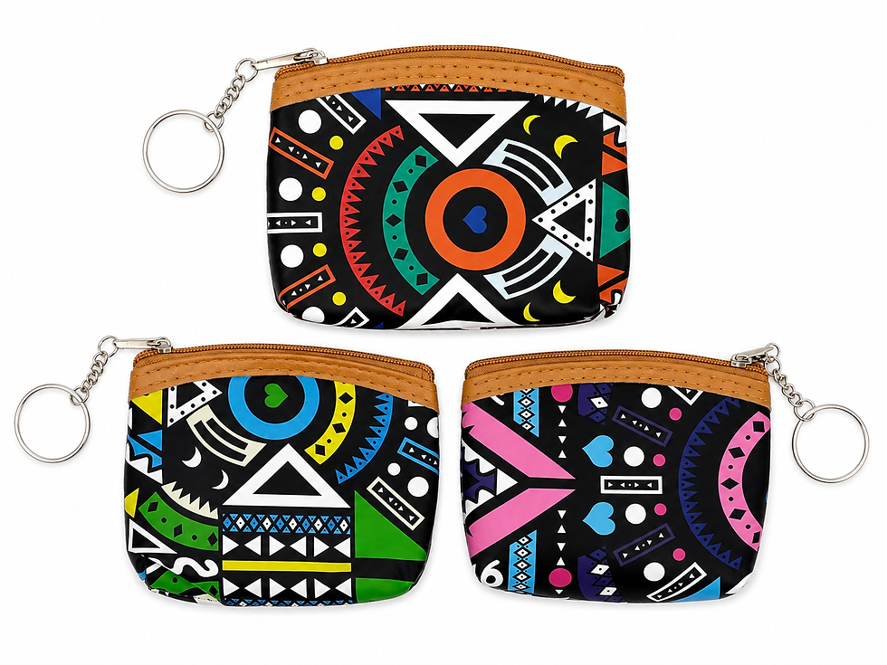 3 assorted abstract geometric coin purses in a wholesale pack of 12