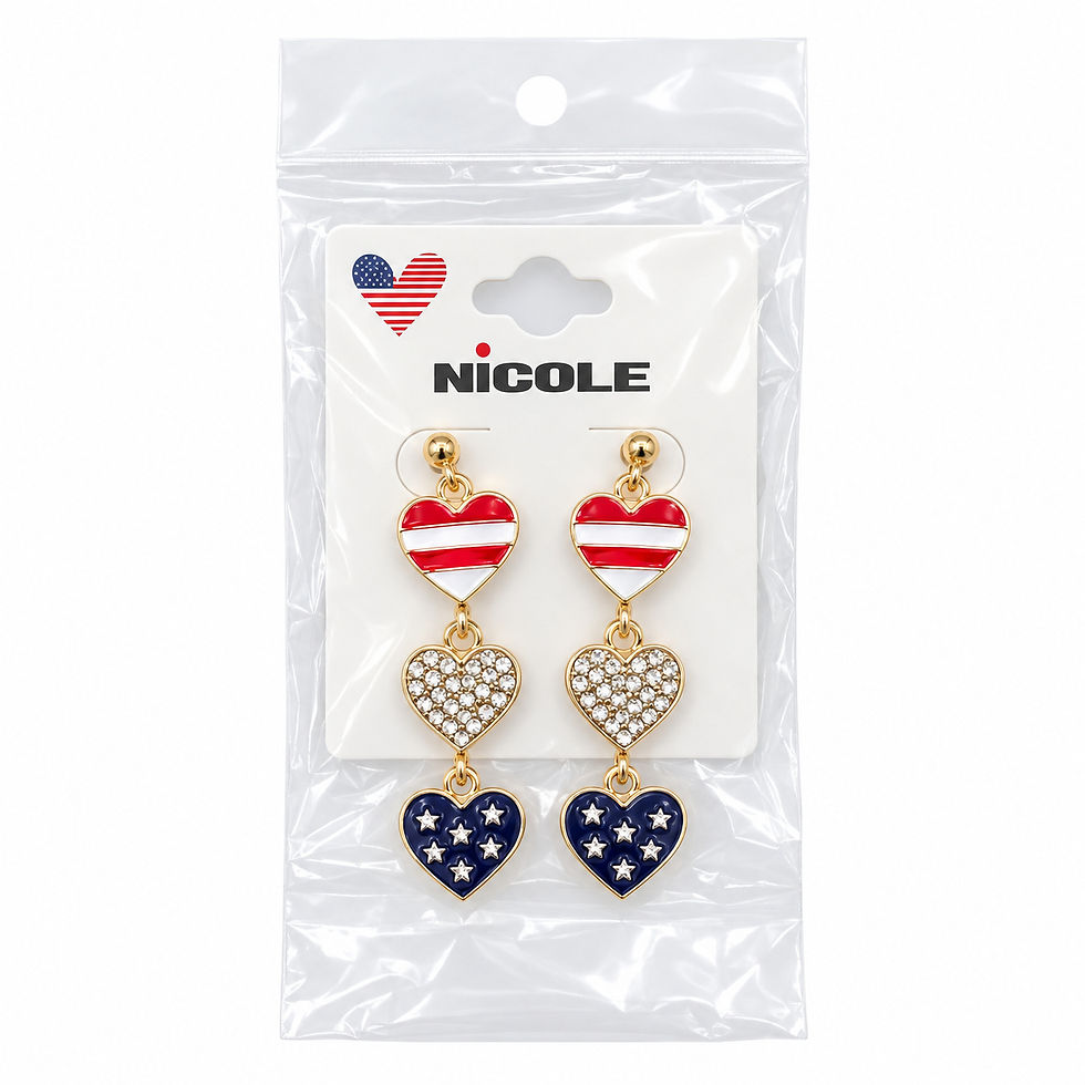One pair of gold-tone stud earrings with three connected patriotic hearts on a Nicole card