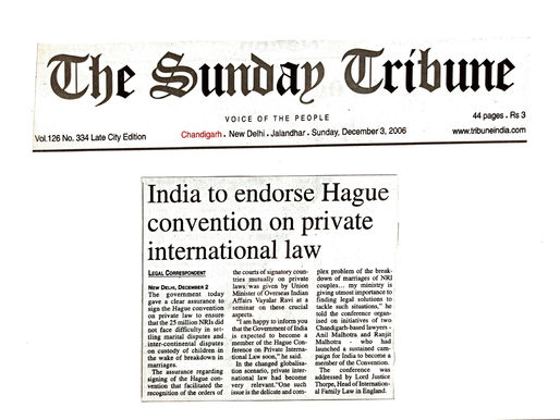 INDIA TO ENDORSE HAGUE CONVENTION ON PRIVATE INTERNATIONAL LAW