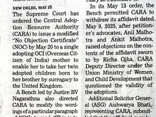 SC ORDERS NOC FOR OCI WOMAN TO TAKE ADOPTED CHILDREN TO UK - THE TRIBUNE - MAY 19, 2025.