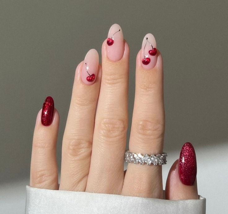 simple nails for valentines day with red cherries and glitter cherry colored nail art