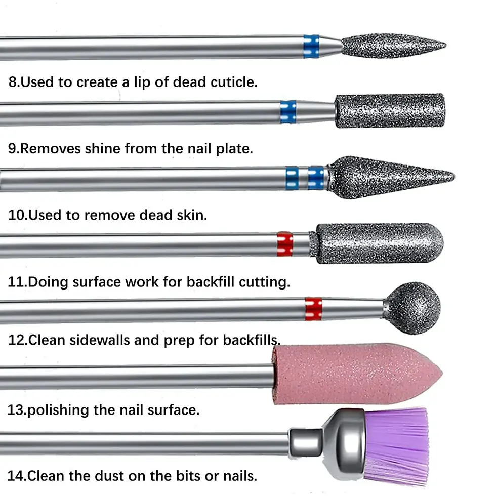 different types of diamond nail drill bits, with blu and red lace and polish bits