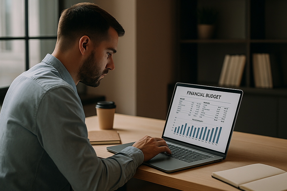 Man werkt gefocust aan zijn financiële budget op de laptop in een moderne, minimalistische kantooromgeving.