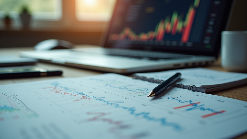 High angle view of a laptop with financial graphs and notes