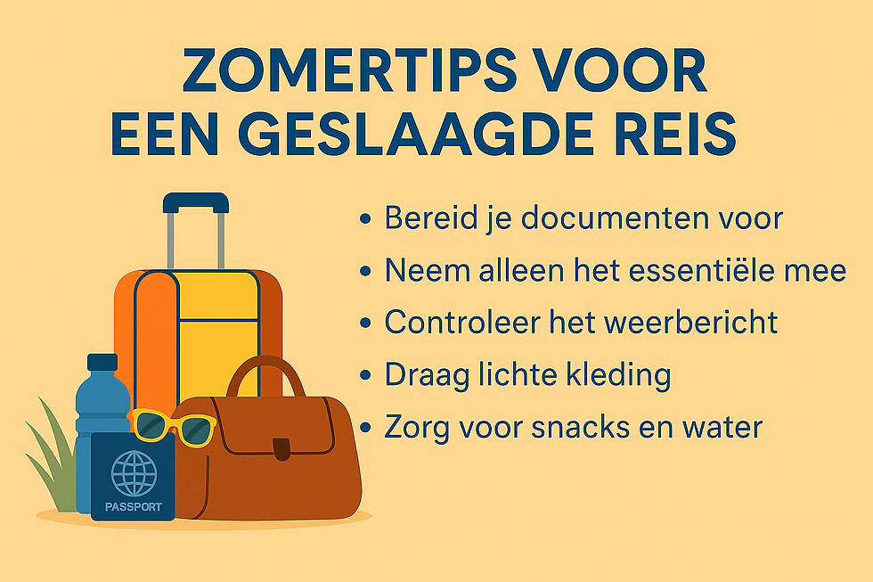 Essentiële zomertips voor een geslaagde reis: bereid je documenten voor, pak alleen het noodzakelijke in, controleer het weer, draag lichte kleding en zorg voor voldoende snacks en water.