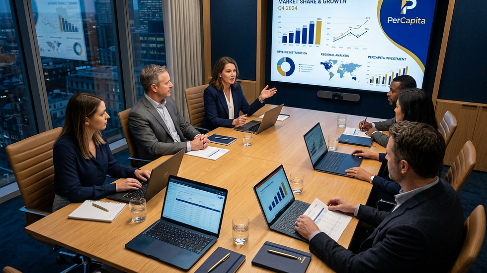 High angle view of a business meeting with charts and laptops on the table