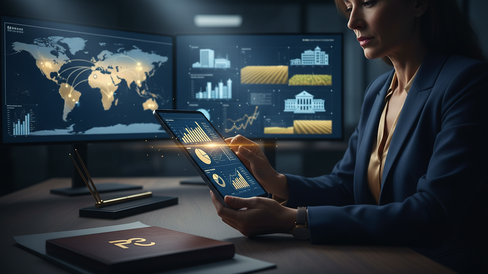 Close-up view of a financial advisor analyzing charts and graphs on a tablet