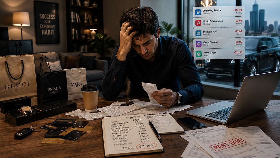L'individu avec un revenu élevé est submergé par les dépenses, illustrant l'impact de l'inflation de style de vie sur la capacité à accumuler des richesses.