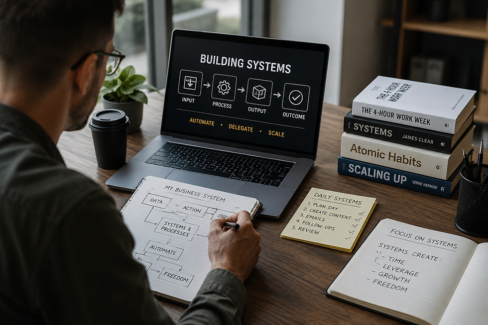 Man ontwerpt een businesssysteem met behulp van een laptop en handgeschreven aantekeningen, omringd door inspirerende boeken over systeemdenken.