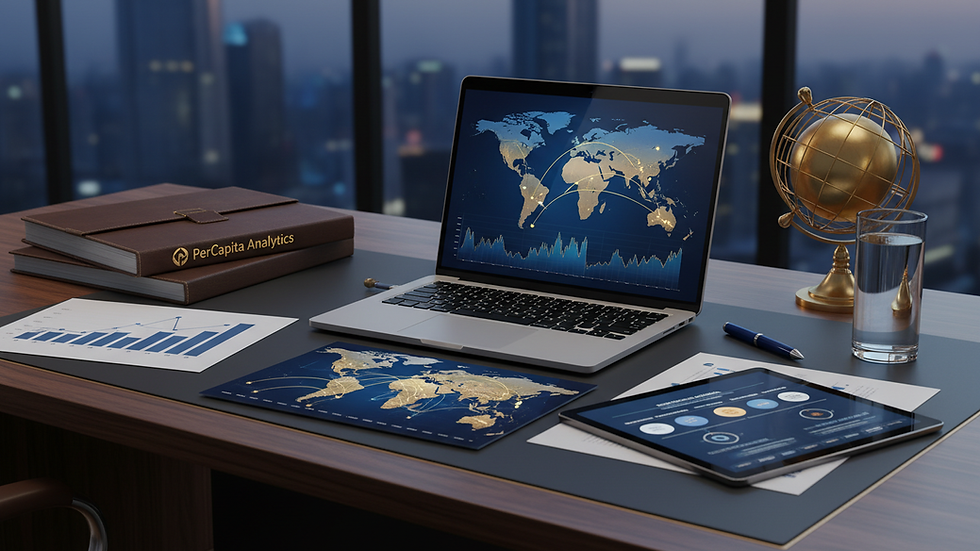 Eye-level view of a modern office desk with financial documents and a laptop