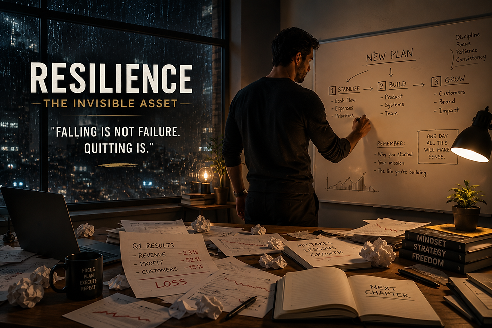 A determined individual strategizes late into the night, embodying resilience as they refine their plan amidst setbacks, underscoring the belief that "falling is not failure, quitting is."