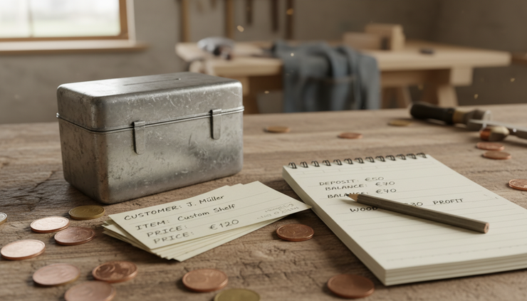 Close-up of a metal cash box beside handwritten order cards and coins.