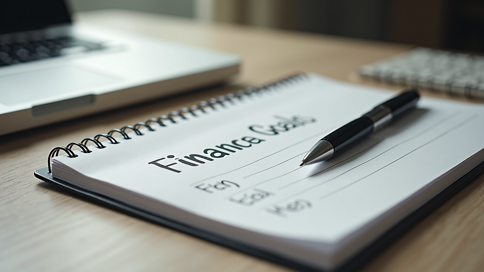 High angle view of a notebook with financial goals and a pen on a desk