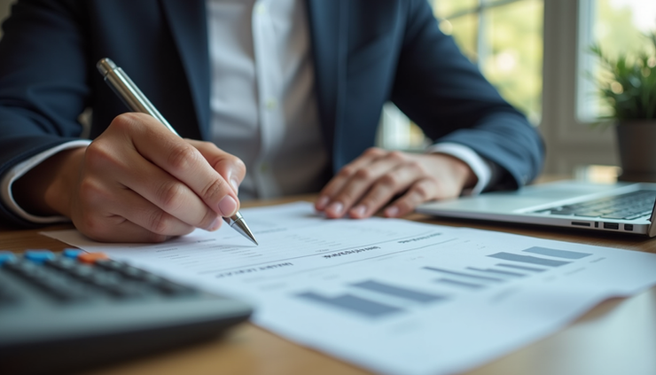 Vue à hauteur des yeux d'un propriétaire de petite entreprise examinant des documents financiers à un bureau