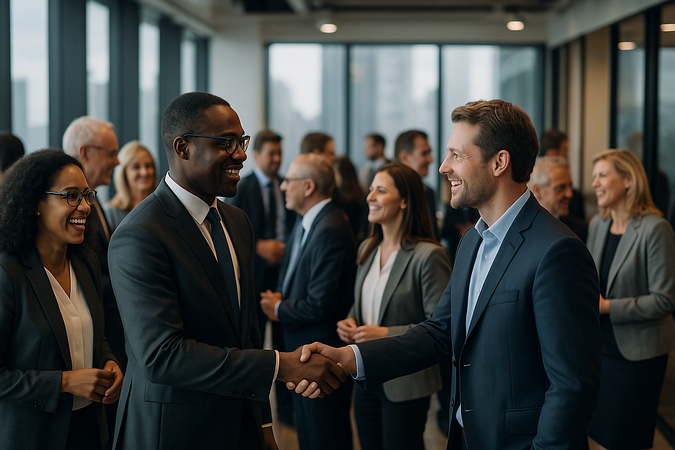 Professionals engage in meaningful networking and handshake exchanges at a business event, highlighting the importance of connections for success.