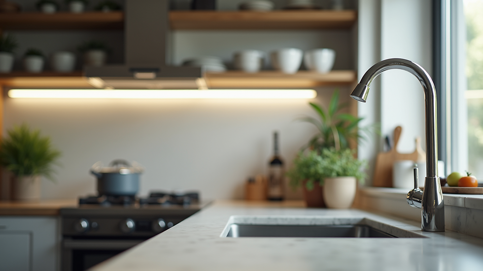 Eye-level view of a modern kitchen with unique kitchen gadgets displayed