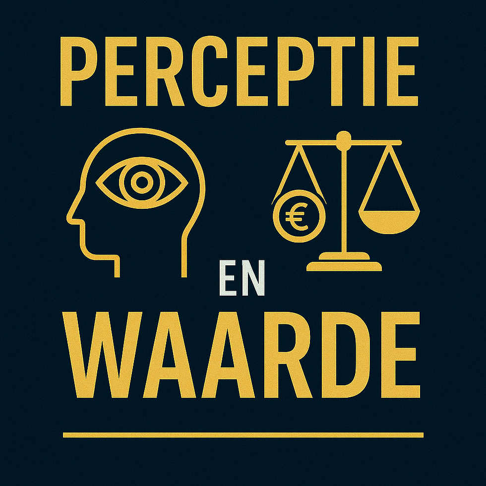 Visuele weergave van perceptie en waarde, met symbolen van een oog en een weegschaal met een euroteken, benadrukkend de balans tussen waarneming en economische waarde.
