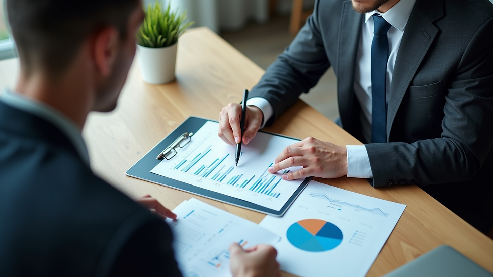 High angle view of a consultant presenting financial data to a client