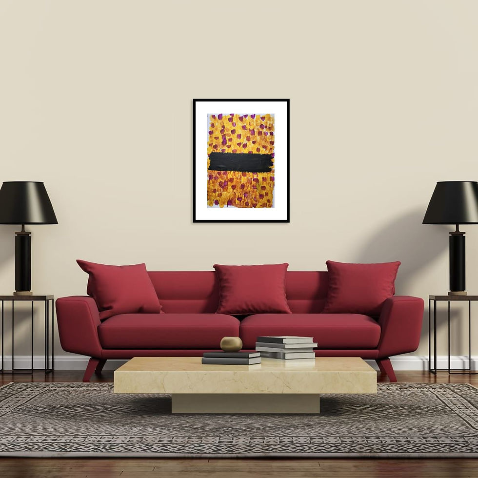 Thumbnail: Fragment 07 Flower Field, abstract painting with dense patterned color field, displayed above a sofa