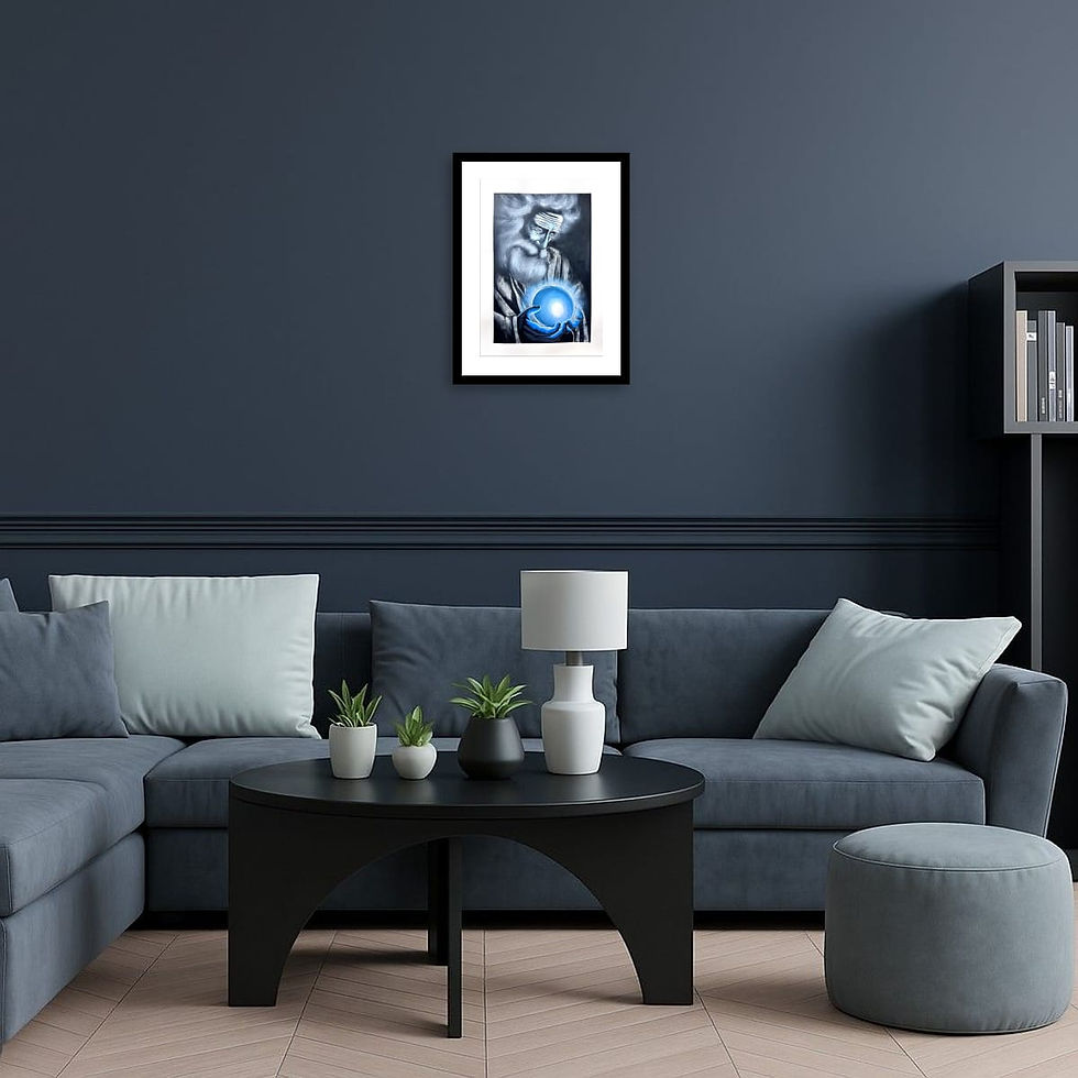 Thumbnail: In Search of Pearls, figurative painting of a man holding a glowing orb in blue tones, displayed in a minimal interior