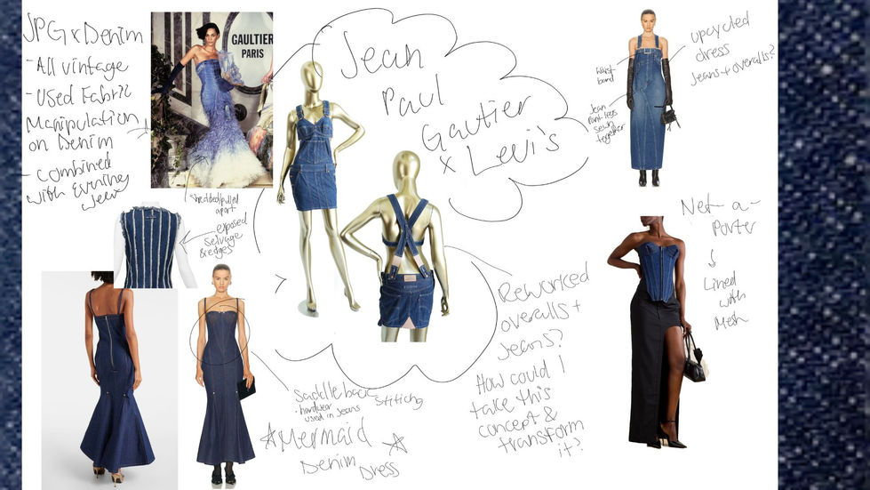Observing Jean Paul Gautier's vintage denim pieces and experiments in eveningwear.