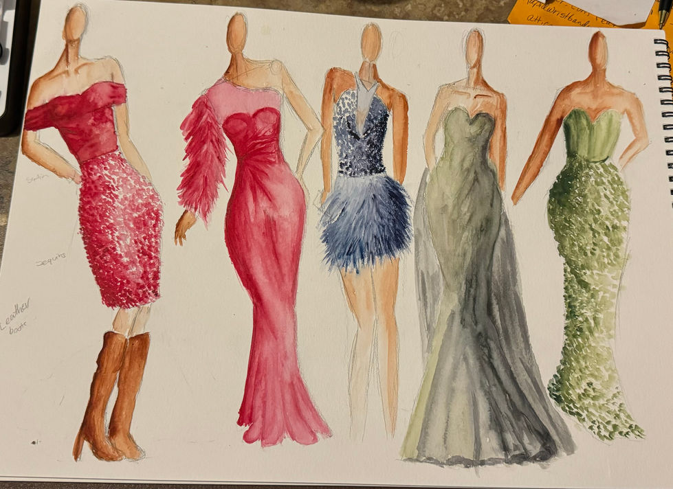 (2/2) Sketches with watercolor: Party fabrics/eveningwear.