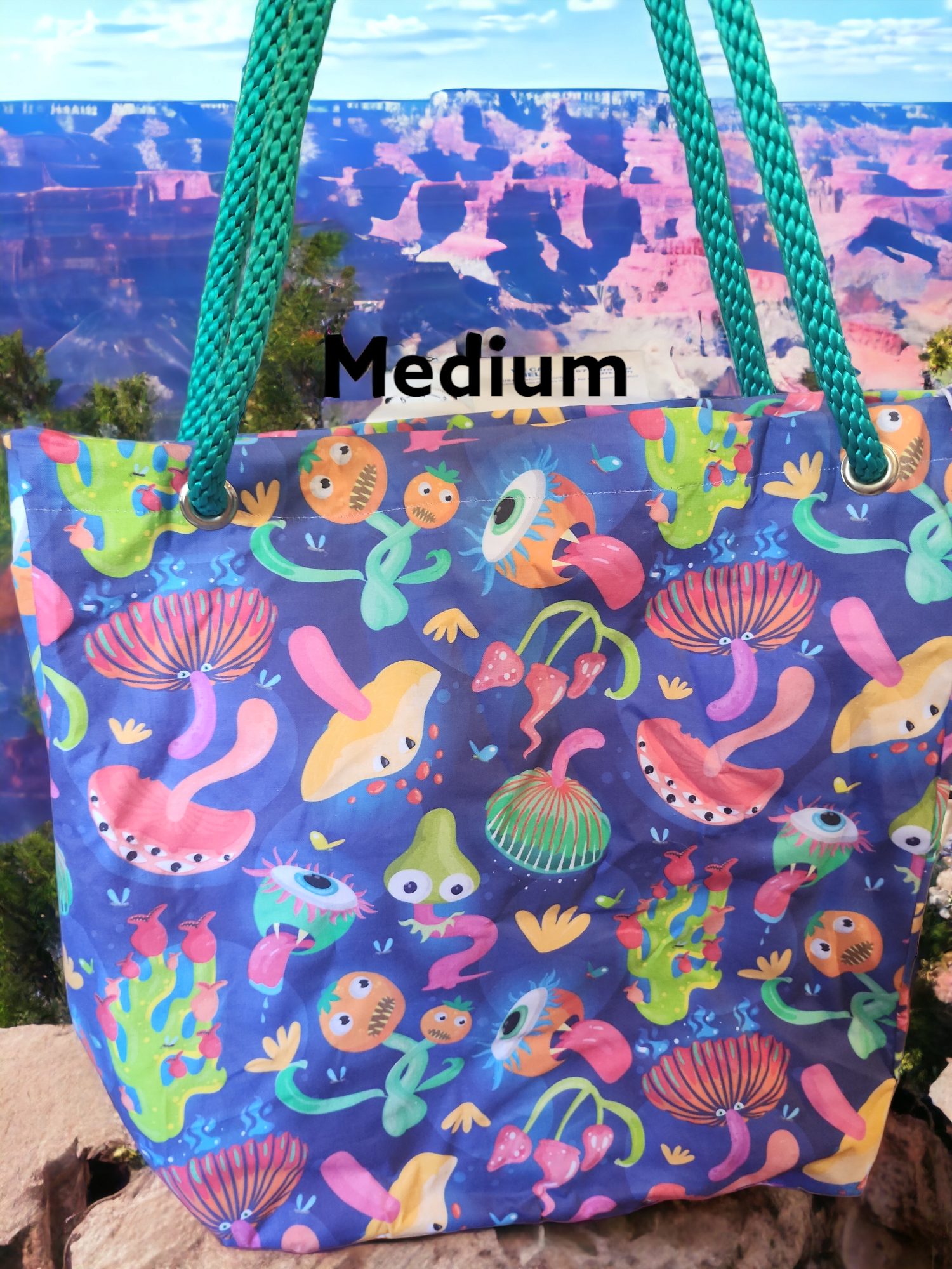 Eyes, mushrooms ,and monsters  medium size bag with green rope handles