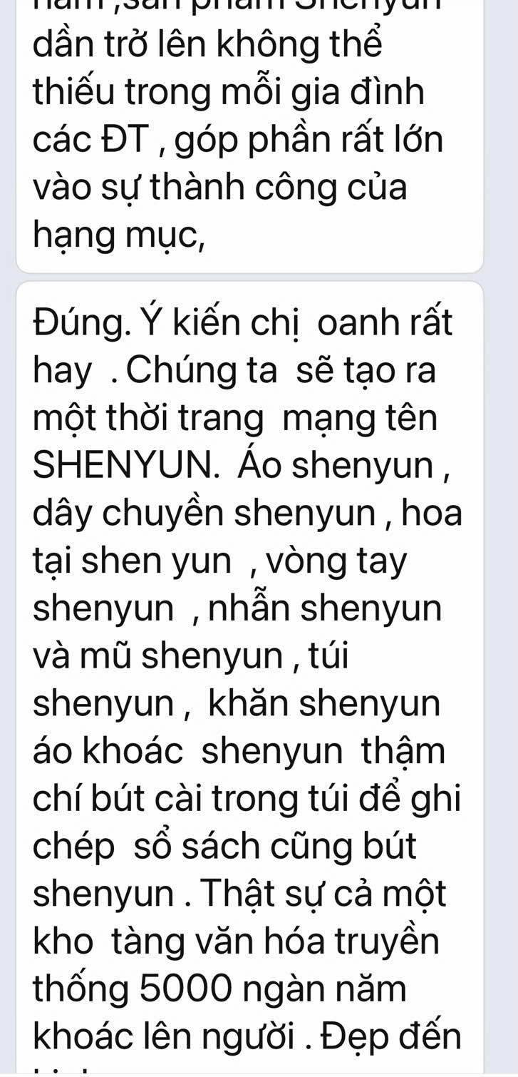 Ví dụ về việc học viên bán các nhãn hàng của Shenyun Shop tại Việt Nam tìm mọi cách dụ dỗ người tu mua sản phẩm của họ để có nguồn tiền duy trì hạng mục đã là hành vi loạn Pháp