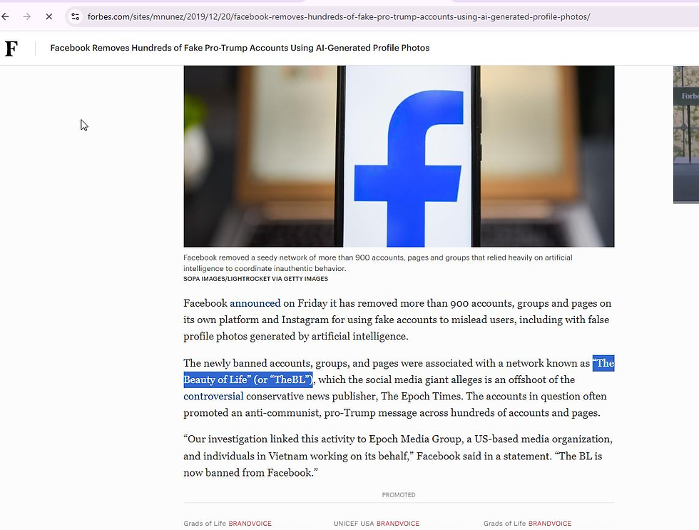 Bài viết năm 2019 của Forbes đăng về việc Facebook đã xóa hơn 900 tài khoản + Group + trang Fanpage sử dụng thông tin ảo được tạo ra bởi A.I được cho là do TheBL của Trung Vũ tạo ra. Họ cáo buộc TheBL có liên hệ với ET.