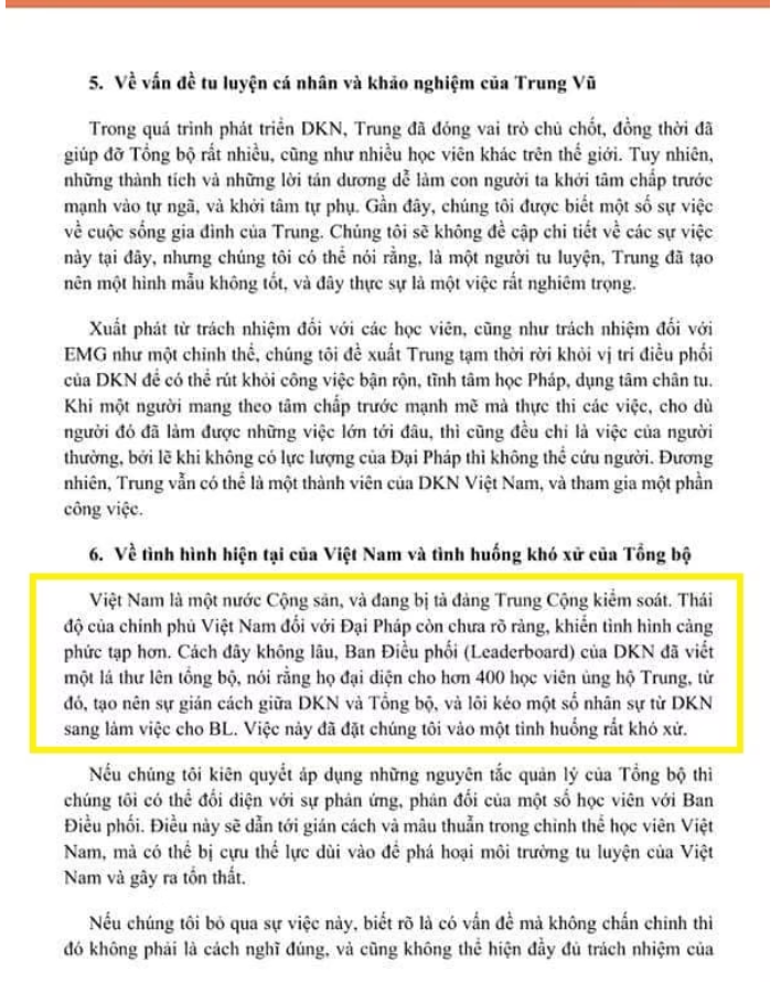 Phía tổng bộ Epoch Times (ET) muốn dứt Trung Vũ và ĐKNVN ra khỏi hệ thống, nhưng lại sợ mang tiếng ăn cháo đá bát vì Trung Vũ kiếm được nhiều tiền cho ET (nhờ đi ăn cắp), nhưng nếu không dứt thì sợ lại dính kiện tụng từ những vụ Trung Vũ cho TheBL chạy quảng cáo chính trị cho Trump.