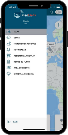 Smartphone com o menu do aplicativo aberto mostrando as funcionalidades.
