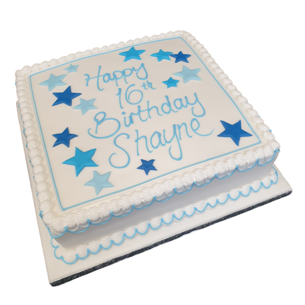 A festive square cake decorated with stars, perfect for celebrating special occasions. Great for birthdays, parties, and events in UK.